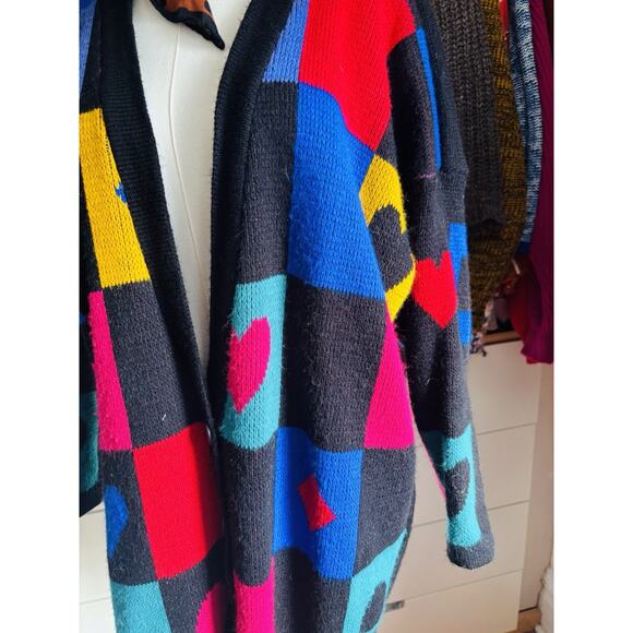 Rare Vintage 80s Colorblock Cardigan Multicolor Design Knit Women's XL - Picture 2 of 5